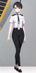 girl, very short hair, pilot uniform, white shirt, short sleeves, necktie, long black pants, standing, full body view, aircraft s-507613709.png
